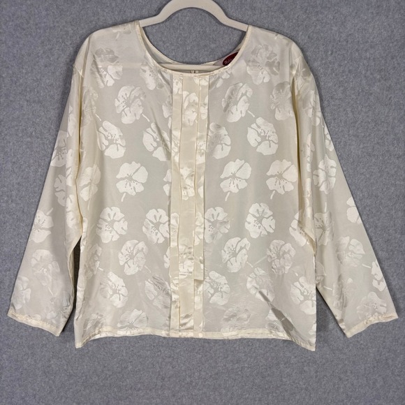 Ashley Hall Tops - Vintage 90s Satin Floral Blouse Size 12 Cream Jacquard Pintuck Feminine Neutral